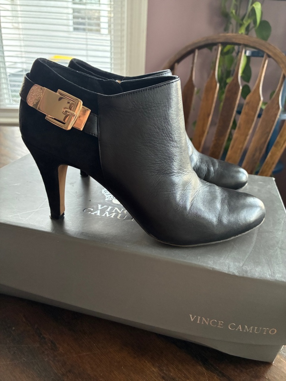 Vince Camuto Black Leather & Suede Ankle Booties with Gold Buckle